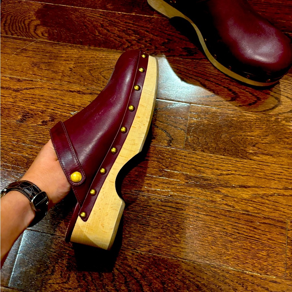 Worn once, perfect for Fall,  J Crew Oxblood/Wine colored wooden clogs!